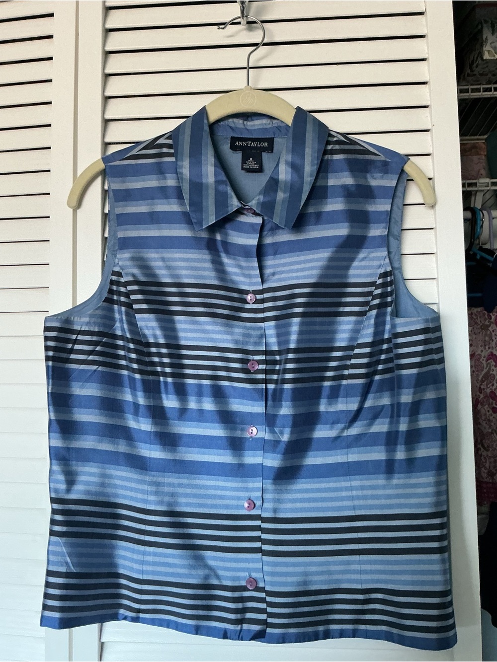 Ann Taylor Silk Blue and Black Striped Sleeveless Button-Down Top